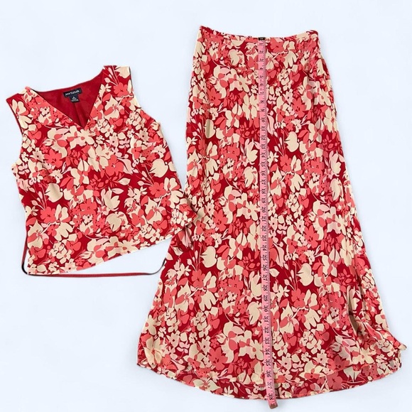 Vintage Y2k Silk Maxi Skirt Sleeveless Top Set Red Pink Floral Romantic 2000s - Picture 8 of 8
